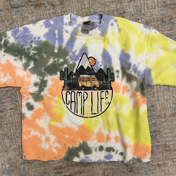 Girls Tie Dye Crewneck with Cut Bottom and Summer Camp Design - Picture 2 of 5